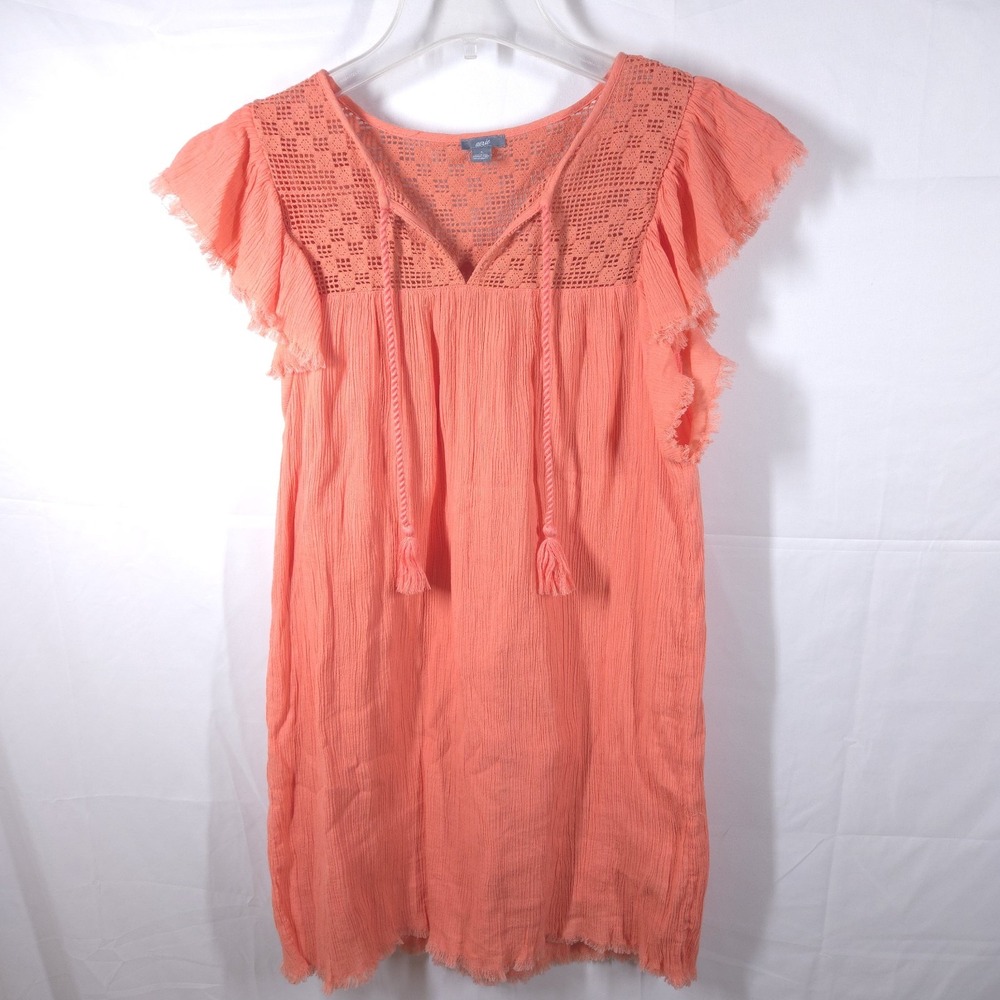 Aerie Womens‎ Coral Crochet Lace Crinkle Gauze Lined Dress Size Small Boho Beach